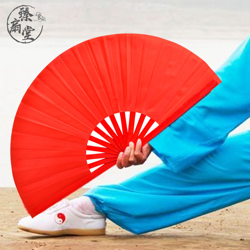 太极纯红色健身晨操右手木兰响扇