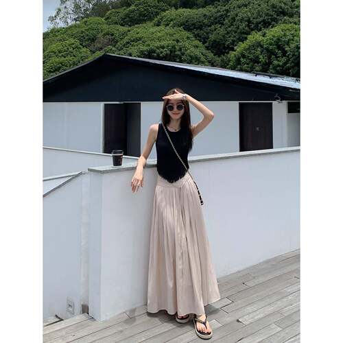 Mulvan设计的夏季女士高腰裙高端褶皱伞裙显瘦优雅的a字长裙