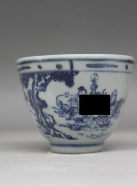 青花釉下彩人物二缸杯茶杯品茗杯闻香杯酒杯近代陶瓷杯个人茶杯