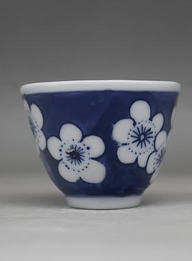 青花釉下彩冰梅鸡心杯茶杯品茗杯闻香杯酒杯近代陶瓷杯个人茶杯