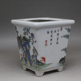 大号粉彩四季花四方花盆古玩瓷器摆件仿古瓷器红釉瓷古风装饰陶瓷