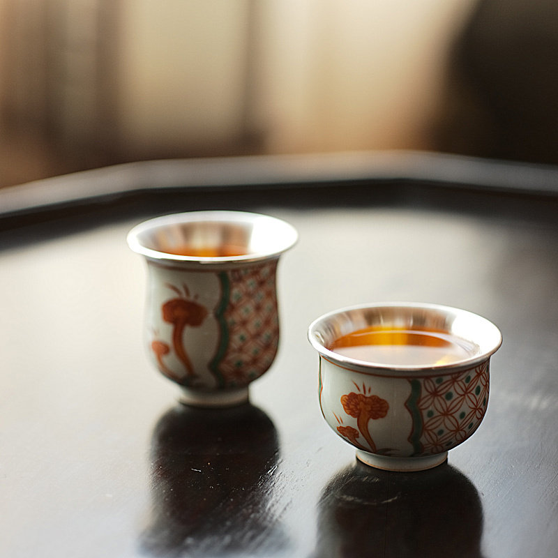 倚松小院手作红绿彩绘品茗杯拟古瓷泥单杯茶杯主人杯嵌银文人茶具