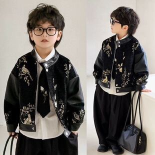 童装 潮品新款 男童立领外套 男童夹克中国风儿童帅气皮衣 2026秋季