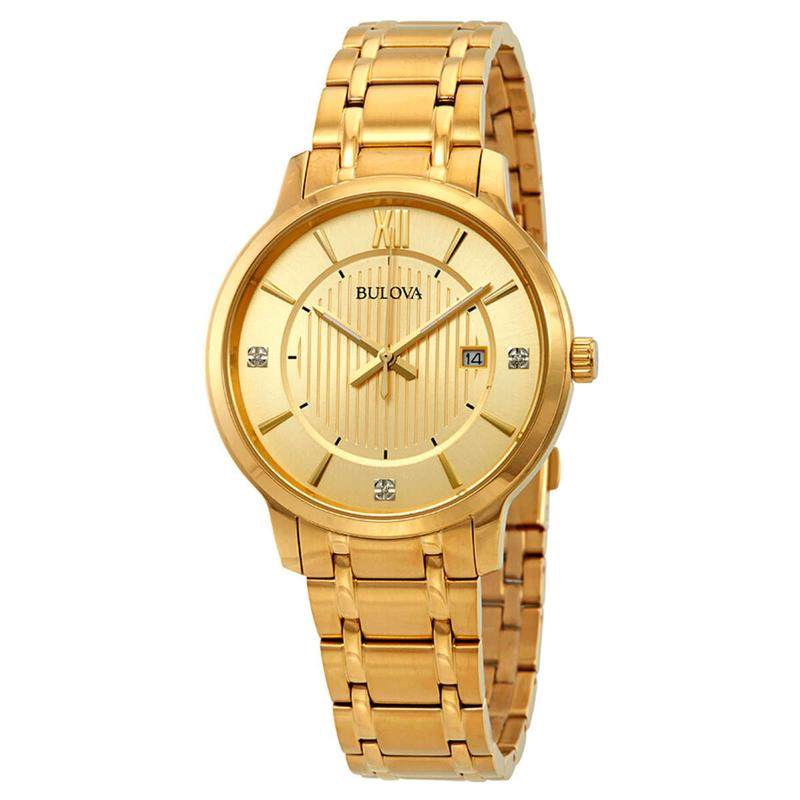 代购BULOVA宝路华男士腕表日期夜光计时精准金属钢带金色防水