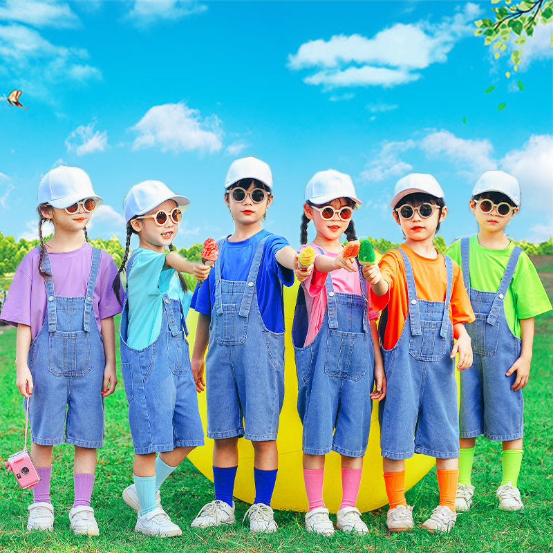 六一男童女童牛仔背带短裤套装夏季幼儿园毕业班服儿童合唱演出服