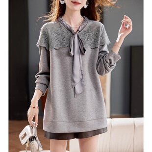 拼接V领卫衣女胖MM洋气宽松遮肉休闲显瘦百搭上衣 长袖 300斤大码