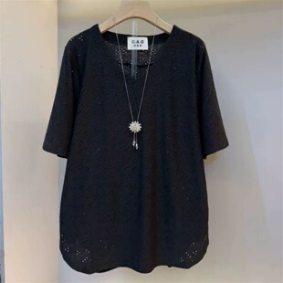 宽松遮肉休闲显瘦上衣 时尚 胖MM镂空短袖 V领拼接T恤女300斤加大码