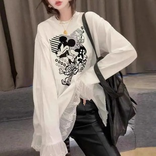 T恤春秋胖mm蕾丝拼接中长款 宽松圆领长袖 百搭上衣女 时尚 300斤大码