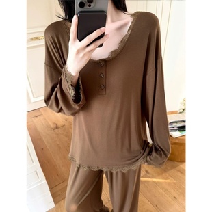 大码 胖mm可外穿宽松遮肉简约家居服 300斤休闲蕾丝V领拼接睡衣套装