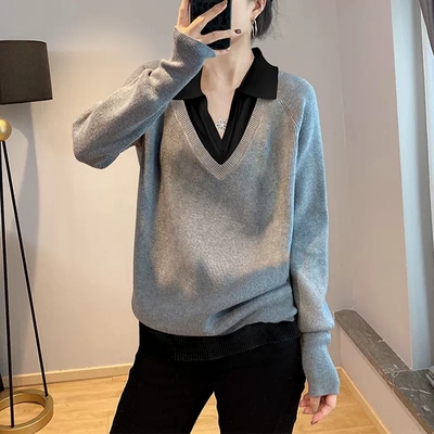 秋冬大码假两件毛衣针织polo衬衫