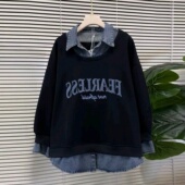 潮流宽松显瘦简约上衣 美式 新款 胖MM假两件牛仔拼接卫衣300斤大码