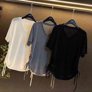 夏裝 胖MM300斤大碼 V領(lǐng)抽繩短袖 T恤女時尚 寬松純色簡約遮肉上衣潮