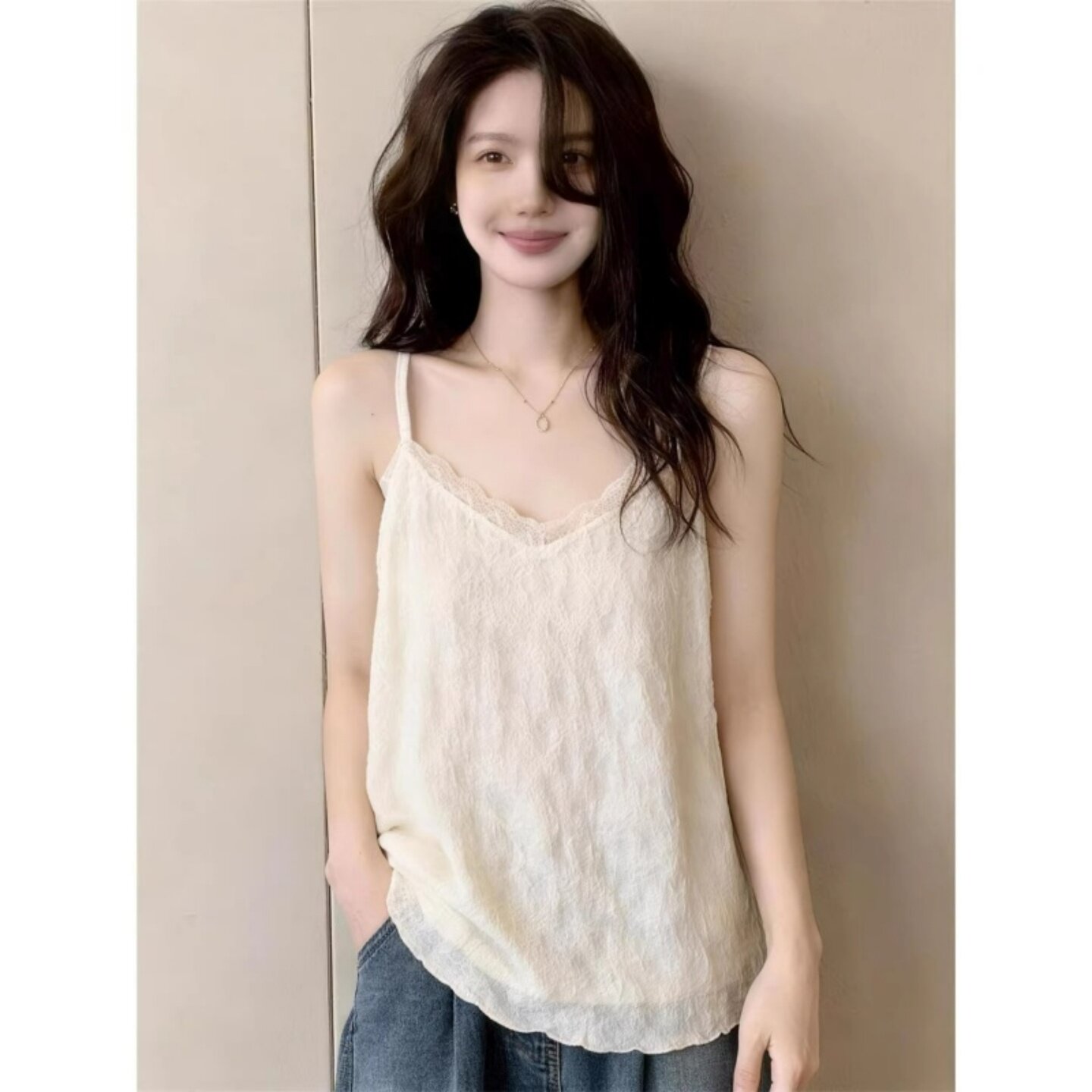 夏季大码温柔风杏色背心吊带