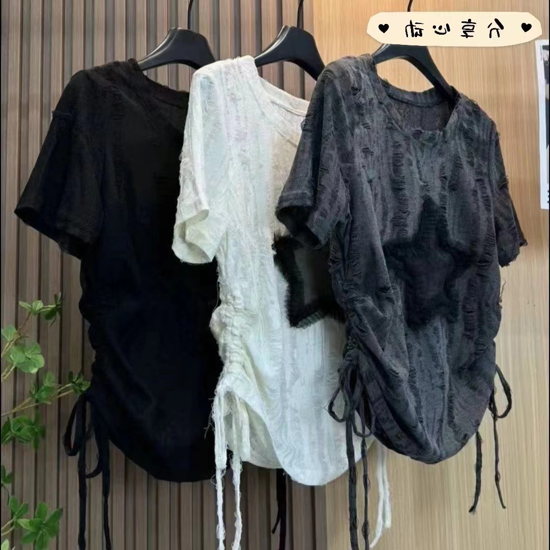 夏季大码设计感绑带抽绳短袖时尚图片