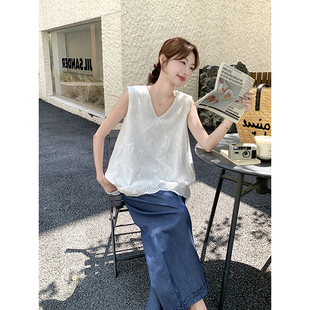 镂空V领背心T恤女300斤超大码 胖MM纯色无袖 宽松遮肉休闲显瘦上衣