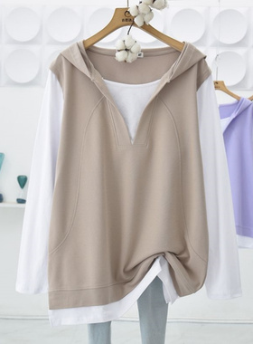 秋季假两件连帽卫衣女薄款休闲宽松胖MM特大码300斤韩版显瘦上衣