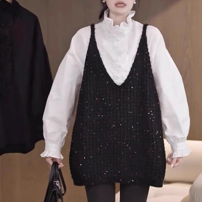 大码无袖背心V叠穿针织马甲