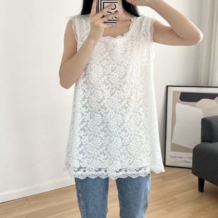 蕾丝T恤女夏装 无袖 胖mm洋气休闲宽松显瘦背心上衣 中长款 300斤大码