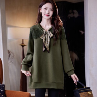 秋冬高级感蕾丝拼接V领系带卫衣胖MM宽松遮肚休闲上衣 300斤大码