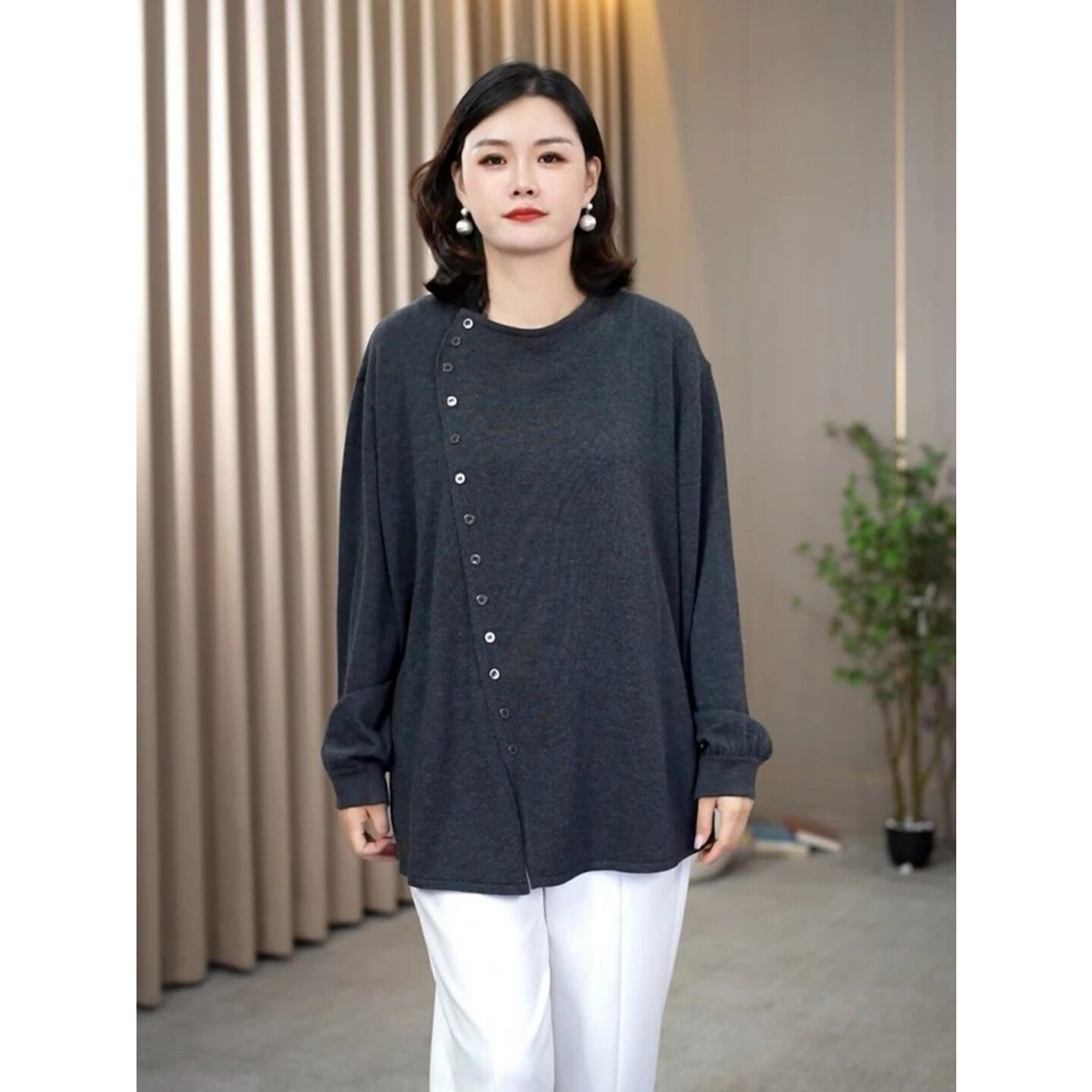 大码女装不规则纽扣纯色打底T恤2-300斤胖mm慵懒宽松减龄显瘦上衣