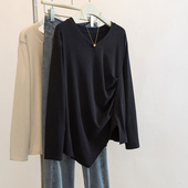 上衣胖mm休闲宽松遮肉长袖 300斤大码 不规则抽褶纯色V领中长款 T恤