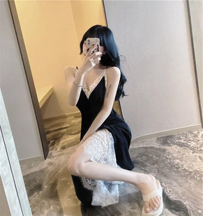 胖mm蕾丝吊带睡裙女纯欲风夏季甜美学生大码2-300斤露背V领连衣裙