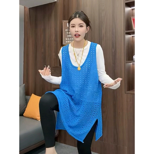 慵懒风气质大码针织衫马甲300斤胖mm叠穿百搭网洞镂空中长款背心