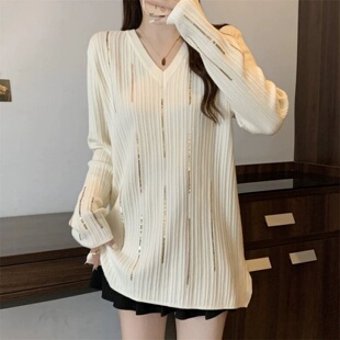 V领毛衣胖MM宽松遮肉显瘦减龄针织衫 洋气亮片长袖 300斤大码 秋冬季