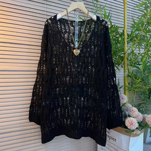 胖mm镂空长袖V领针织衫300斤加大码时尚洋气宽松休闲薄款罩衫上衣