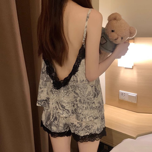 家居服胖mm水墨高级两件套 少女纯欲风吊带短裤 大码 冰丝睡衣女夏季