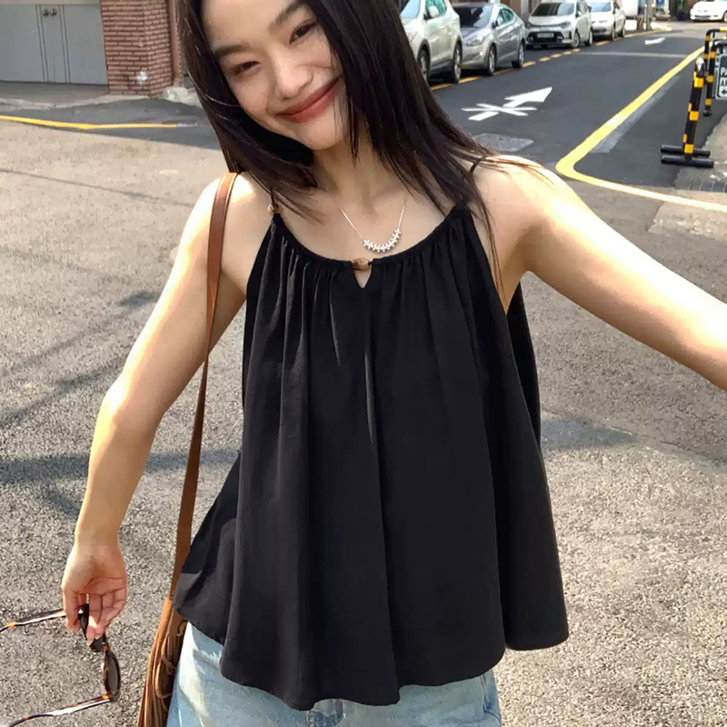 中长款无袖串珠拼接吊带背心