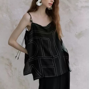 上衣夏季 300斤大码 几何印花无袖 露背宽松简约吊带背心 胖mm时尚