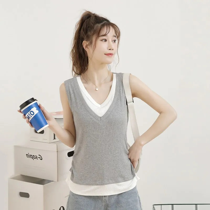 大码假两件背心带胸垫撞色吊带