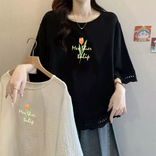胖MM洋气印花短袖 宽松休闲显瘦简约上衣 拼接T恤女300斤加大码 时尚