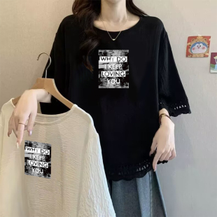 夏季 宽松遮肉休闲显瘦简约上衣 胖mm印花短袖 拼接T恤女300斤加大码