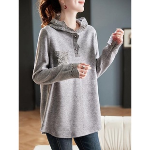 蕾丝连帽卫衣女 洋气宽松遮肉休闲百搭中长款 秋冬胖MM2 300斤大码