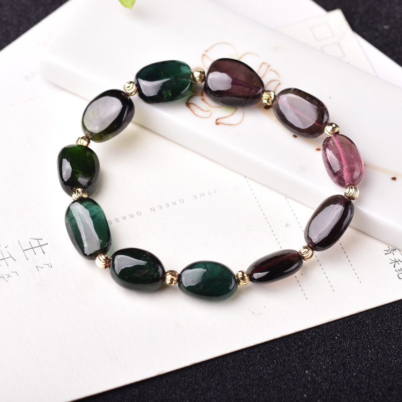 天然碧玺单圈随意形手链 女款彩色宝石碧玺配隔珠饰品