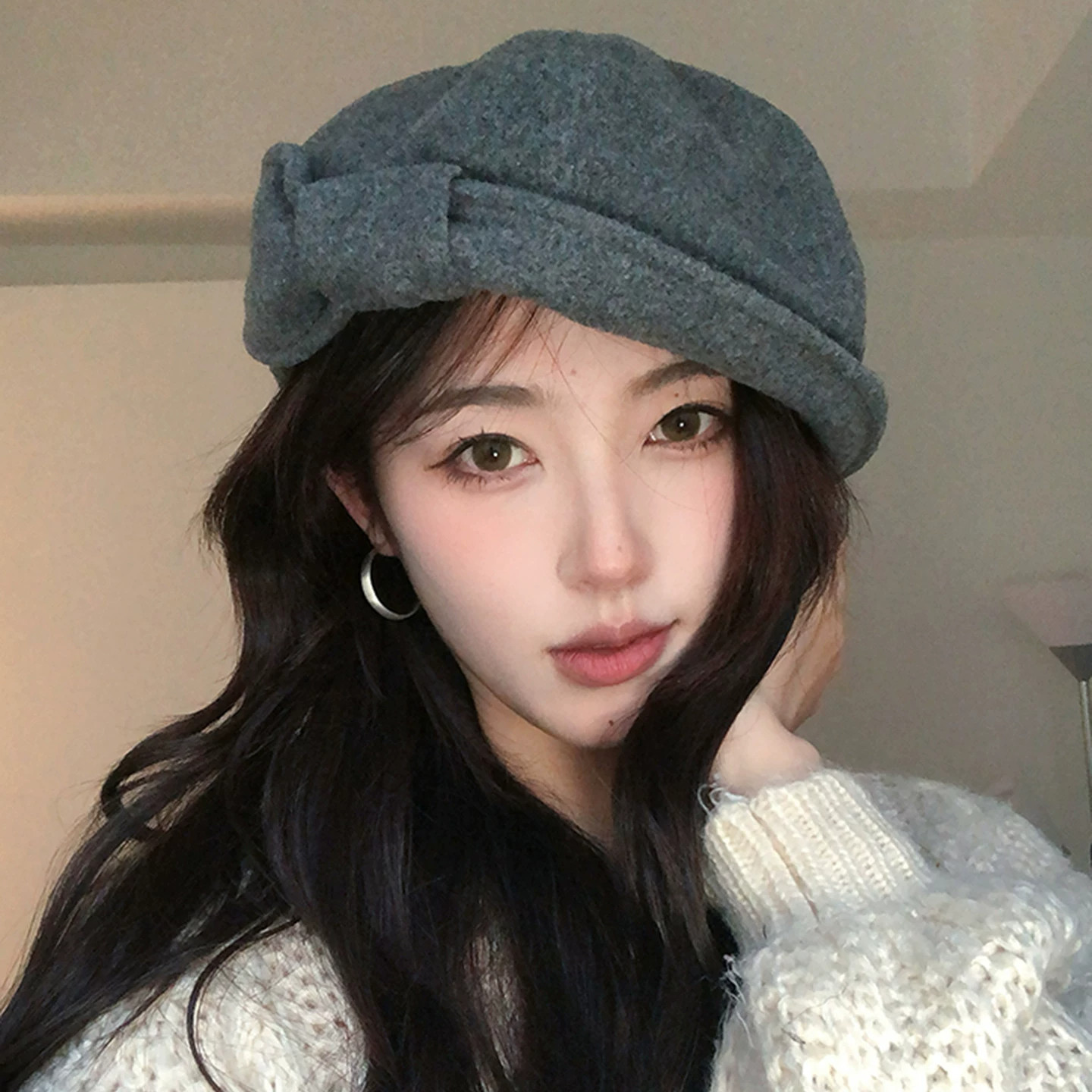 秋冬蝴蝶结毛呢贝雷帽女显脸小