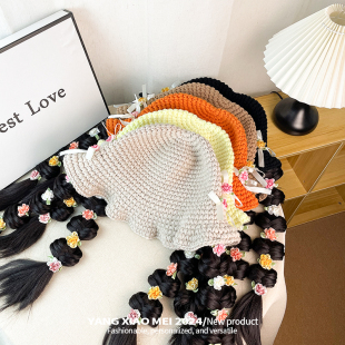 2025新款麻花辫帽子女假发一体女生针织渔夫帽秋冬季保暖毛线盆帽