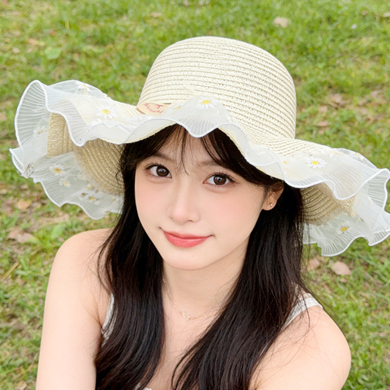度假风蕾丝花朵草帽女夏季大帽檐防晒遮阳帽草编帽子大头围太阳帽