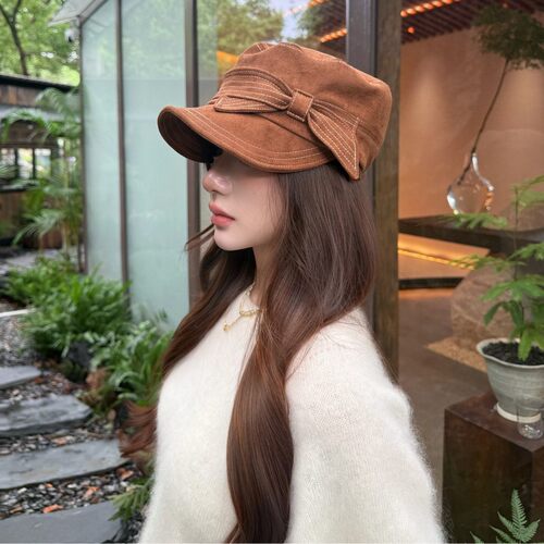 法式复古蝴蝶结麂皮绒鸭舌帽女