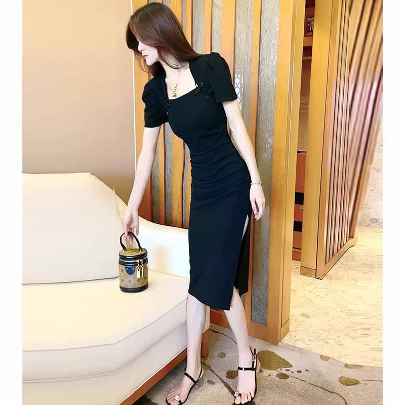 新中式轻国风旗袍女装夏季方领盘扣开叉名媛气质女人味优雅连衣裙
