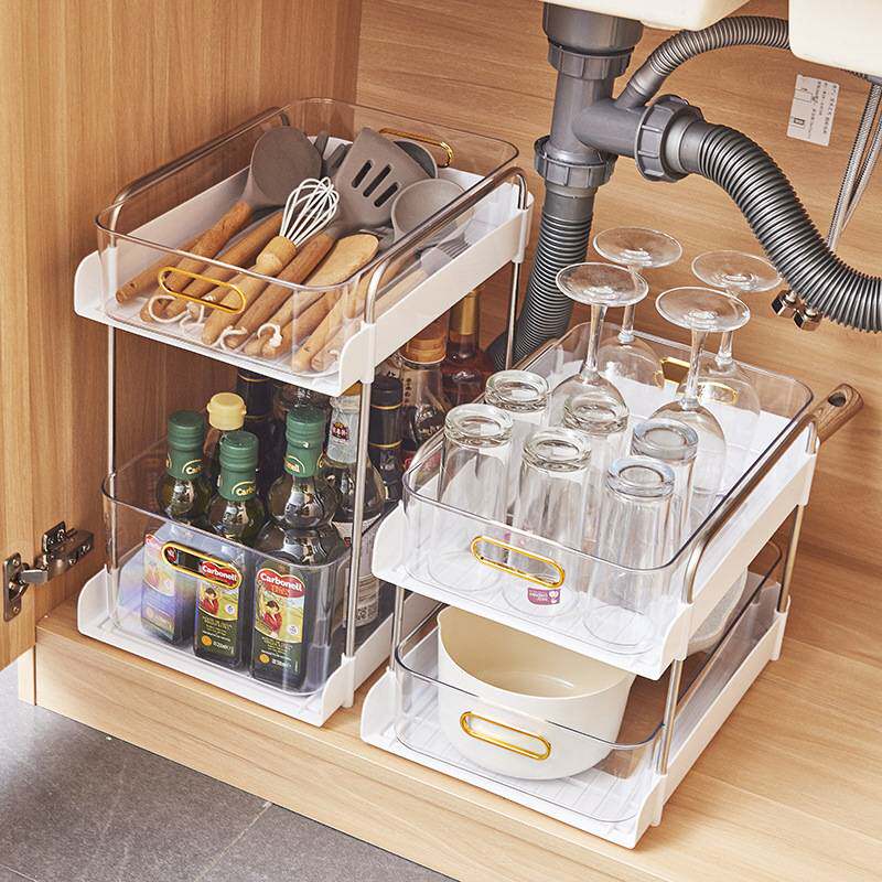 厨房水槽下收纳整理架橱柜抽屉式可抽拉收纳架夹缝水杯置物架塑料