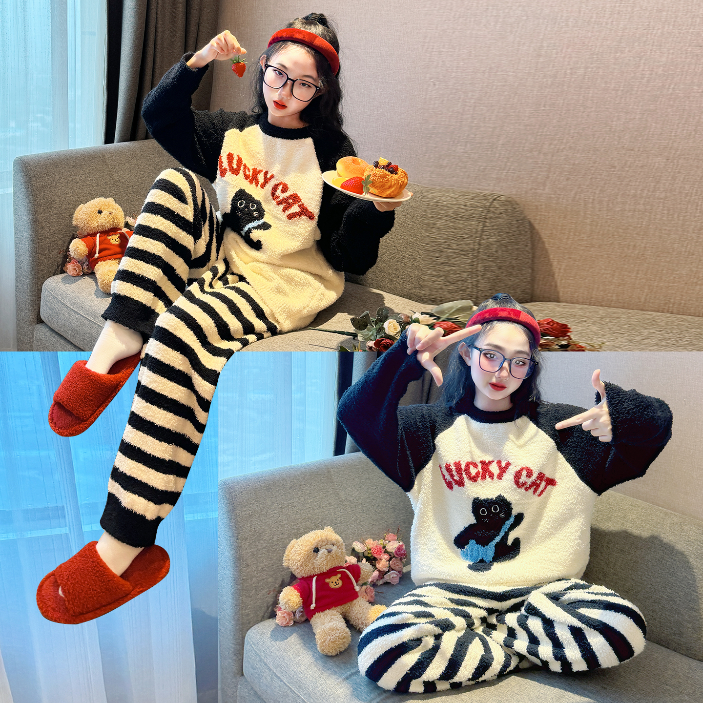 儿童睡衣女孩冬季2025新款女童法兰绒家居服青少年加厚珊瑚绒套装