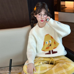 加厚珊瑚绒套装 儿童睡衣女孩2025新款 女童半边绒家居服青少年冬季