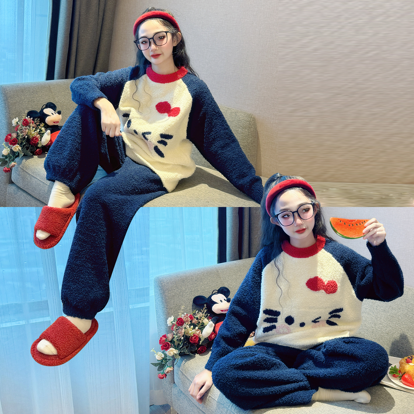 儿童睡衣女孩冬季2025新款女童珊瑚绒家居服青少年加厚半边绒套装