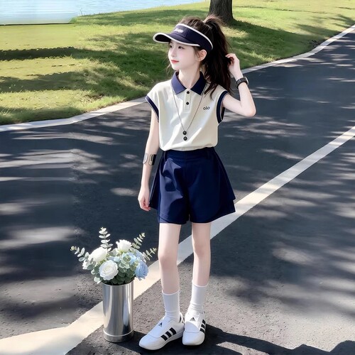女童夏装套装2026新款儿童洋气polo领背心女大童网红短裙裤两件套