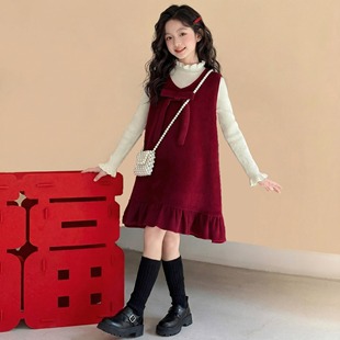 女童加绒连衣裙2025秋冬装 女孩新年裙子两件套 洋气儿童背心裙套装