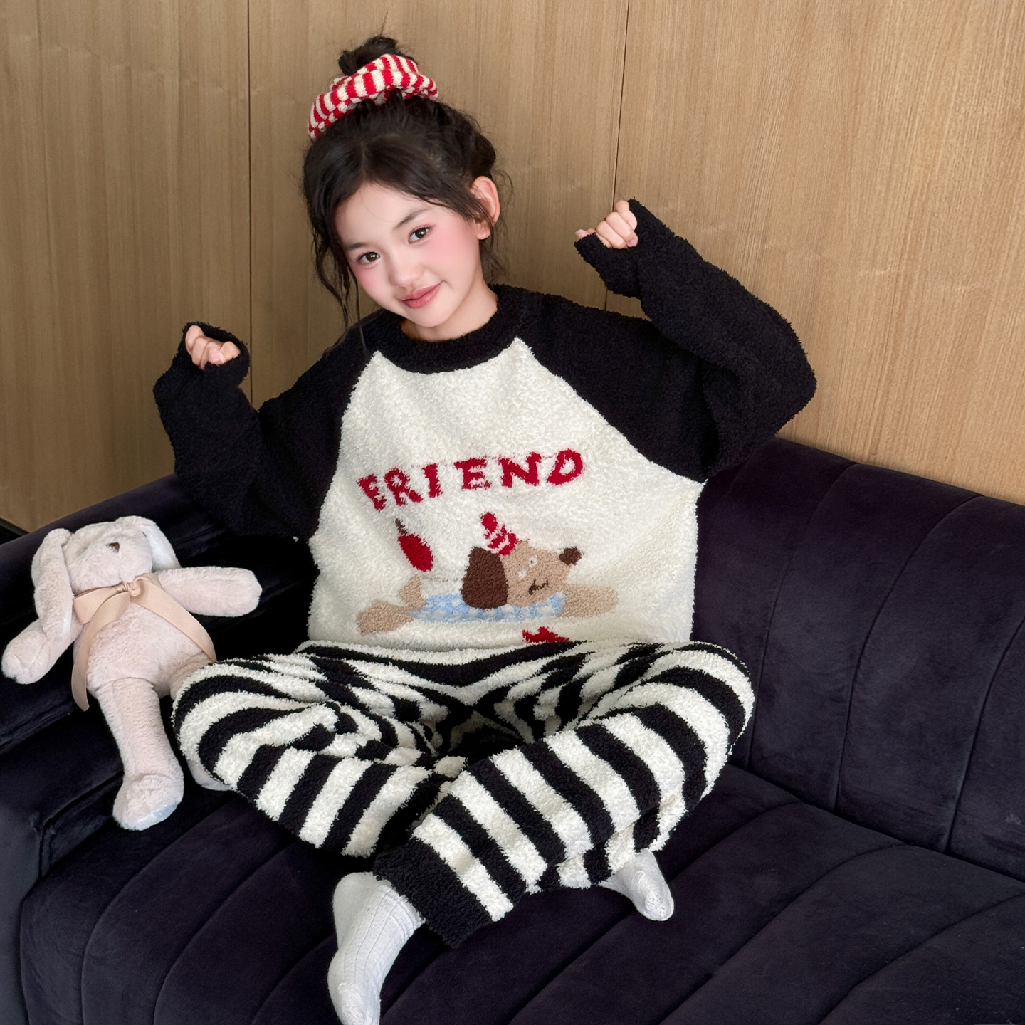 儿童睡衣女孩2025新款女童加厚半边绒套装初中生冬季珊瑚绒家居服