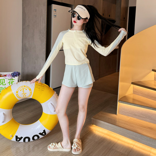 女童泳衣2026新款儿童高颜值分体泳装女孩大童海边长袖防晒游泳衣